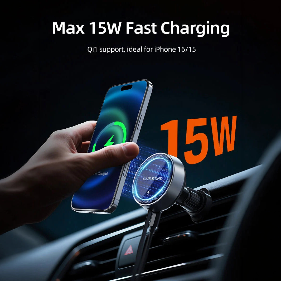 CABLETIME 2-in-1 Magnetic Wireless Car Charger with Retractable Cable