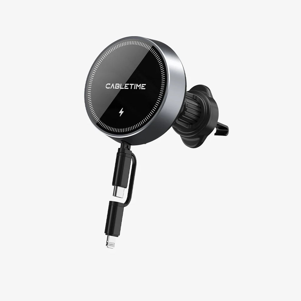 CABLETIME 2-in-1 Magnetic Wireless Car Charger with Retractable Cable