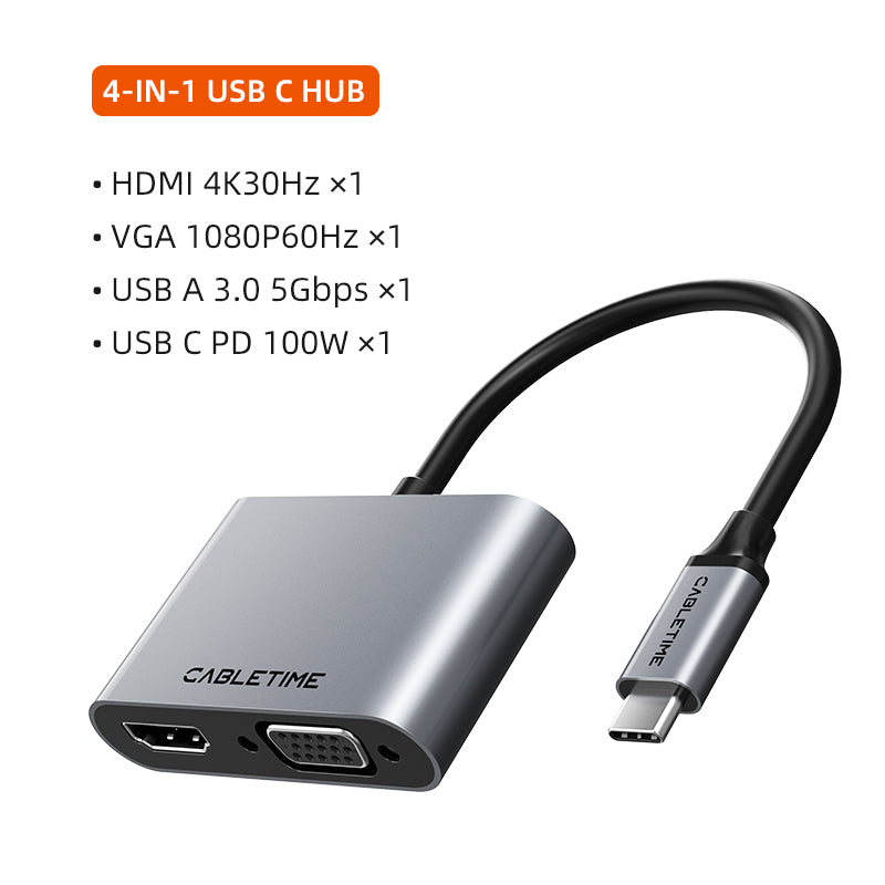 CABLETIME 4-in-1 USB type C to HDMI+VGA Adapter