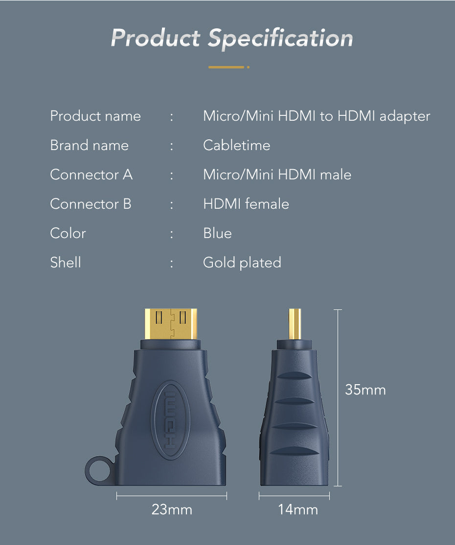 CABLETIME Mini HDMI to Standard HDMI Adapter 90 Degrees