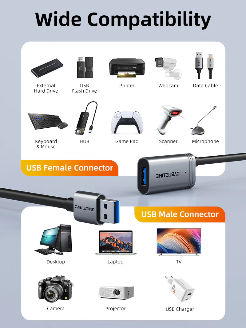 CABLETIME USB 3.0 Active Extension Cable Male to Female (5m)