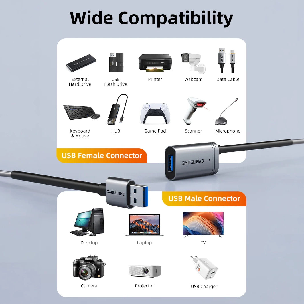 CABLETIME USB 3.0 Active Extension Cable Male to Female (10m)