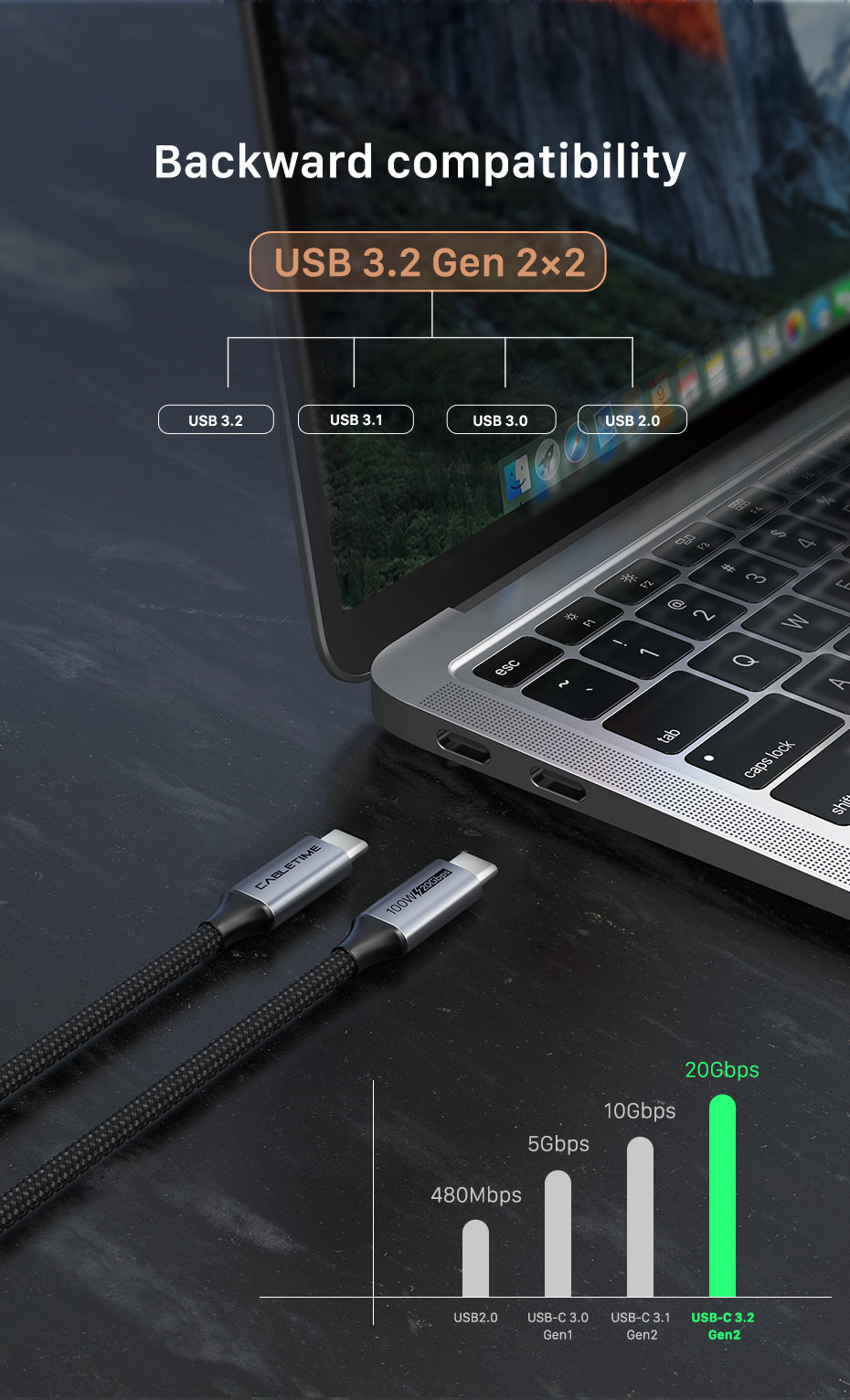 CABLETIME USB 3.1 Cable Gen2 Coaxial cable, Type C Male (1m)