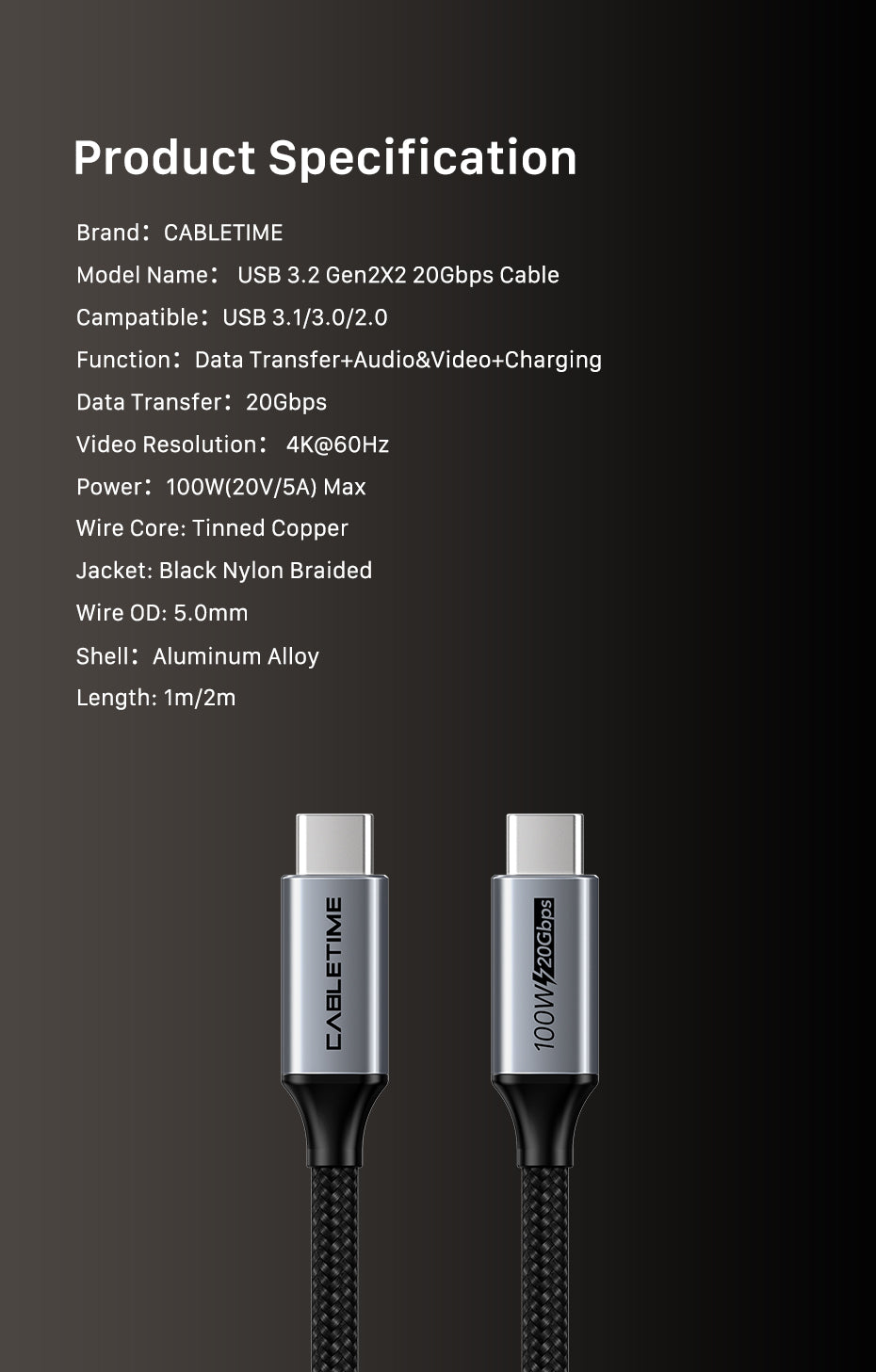 CABLETIME USB 3.1 Cable Gen2 Coaxial cable, Type C Male (1m)