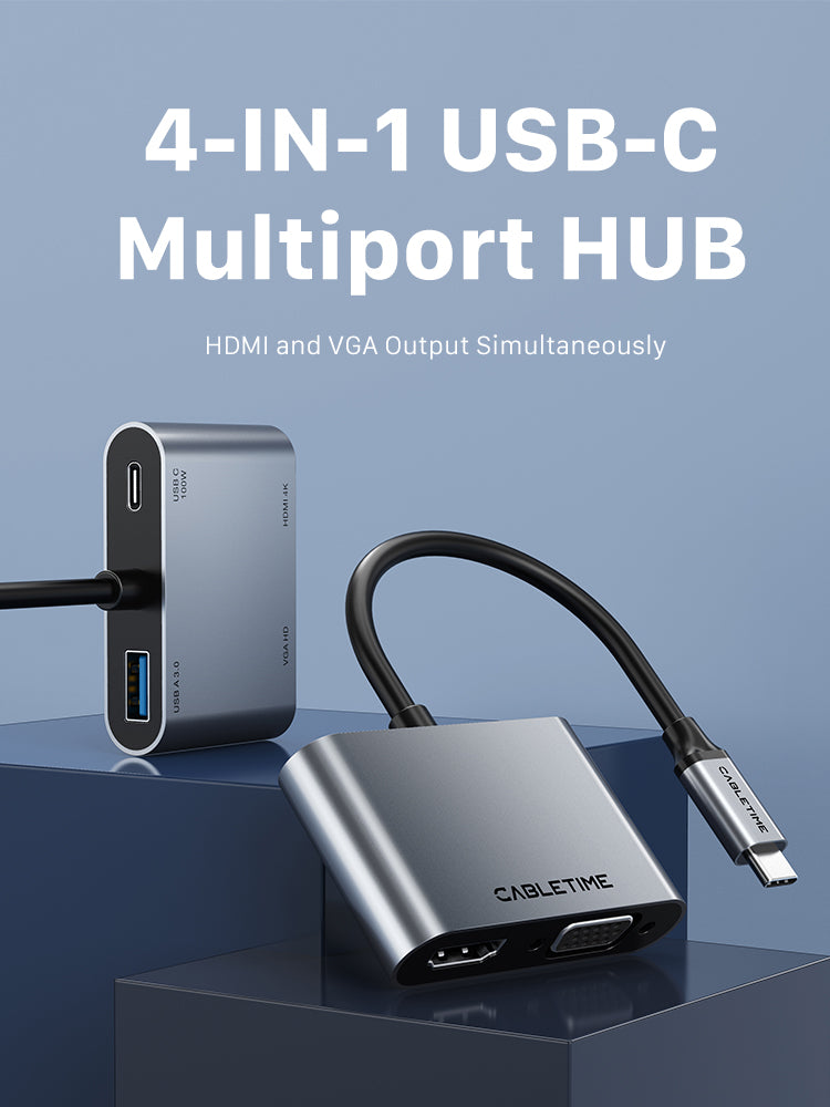 CABLETIME 4-in-1 USB type C to HDMI+VGA Adapter