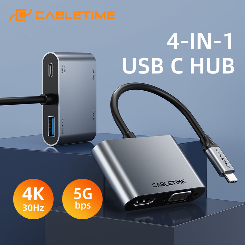 CABLETIME 4-in-1 USB type C to HDMI+VGA Adapter