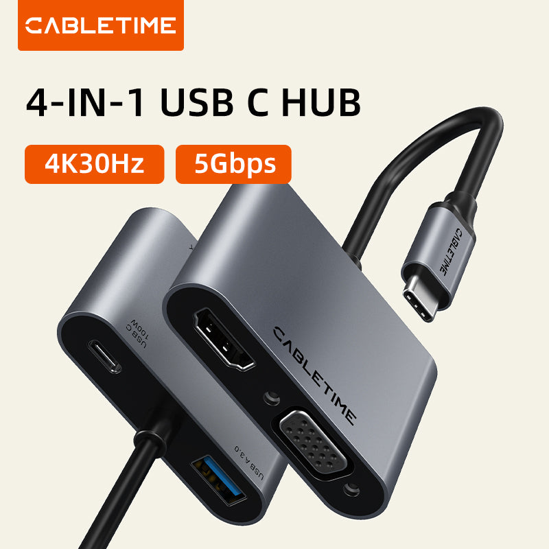 CABLETIME 4-in-1 USB type C to HDMI+VGA Adapter