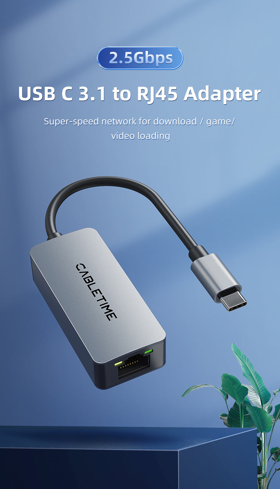 CABLETIME USB C 3.0 to RJ45 2.5Gbps Adapter