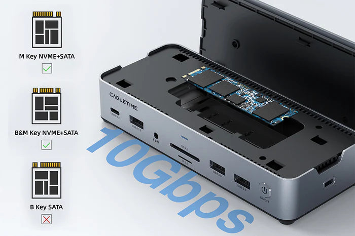 CABLETIME 15-IN-1 8K USB C Multiport Docking Station with 10Gbps NVME SSD (Drive not included)