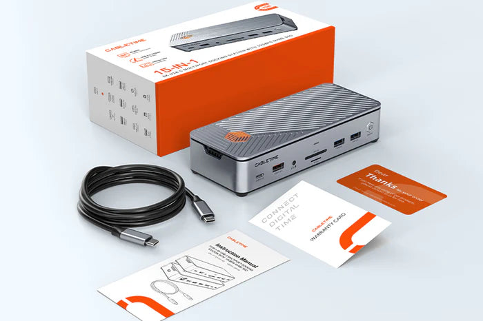 CABLETIME 15-IN-1 8K USB C Multiport Docking Station with 10Gbps NVME SSD (Drive not included)