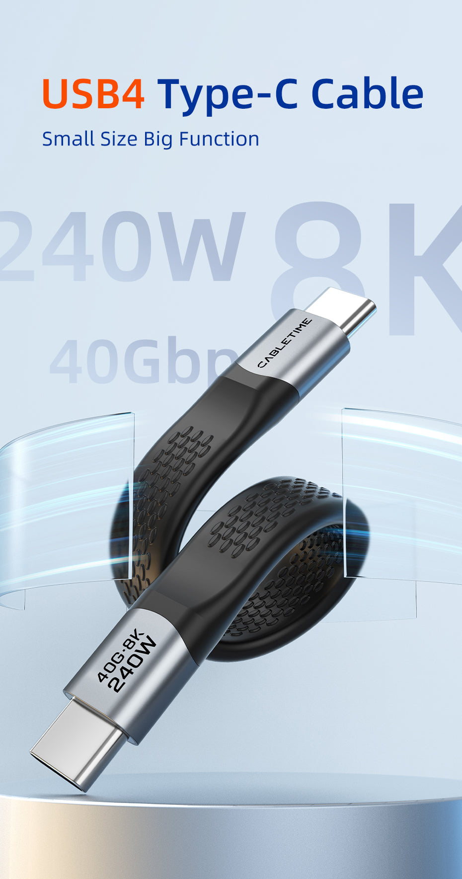 CABLETIME USB Flat Cable 40Gbps, 8K (0.15m)