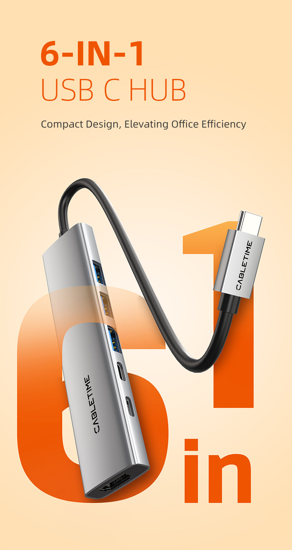 CABLETIME ECO 6-IN-1 USB C HUB 4K30Hz, 5Gbps