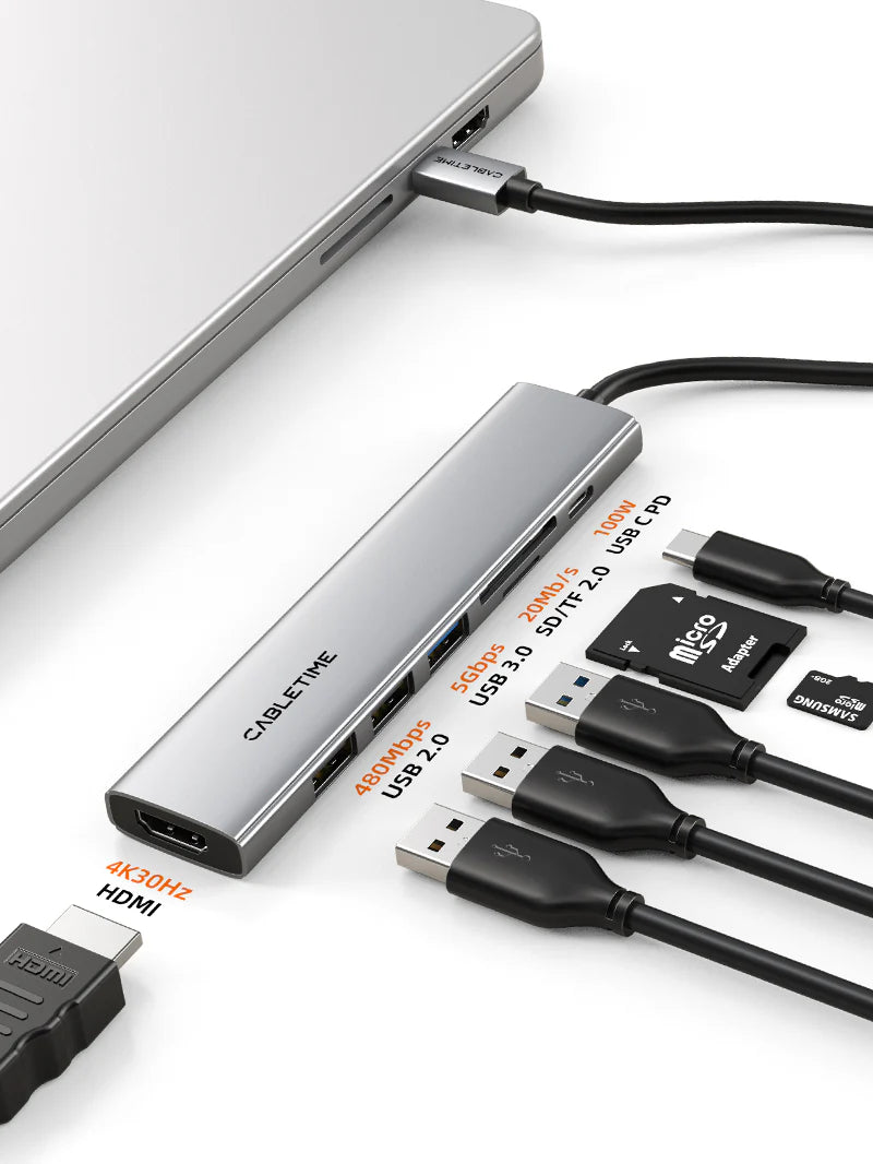 CABLETIME ECO 7-IN-1 USB C HUB 4K30Hz, 5Gbps