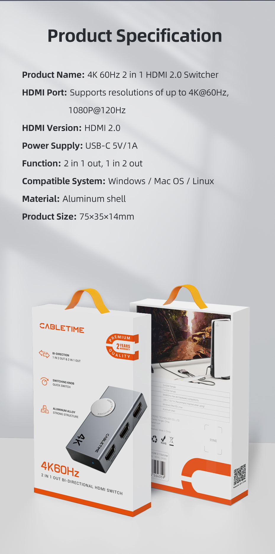 CABLETIME 4K60Hz 2-IN-1 HDMI 2.0 Switcher