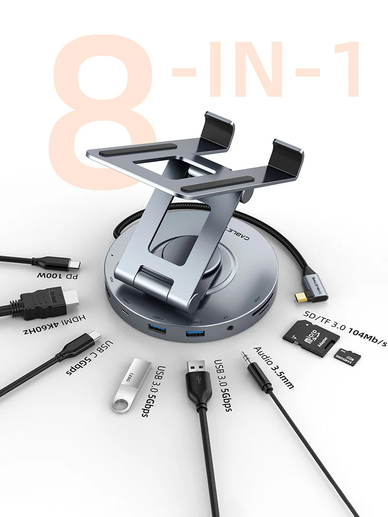 CABLETIME 8-IN-1 USB-C HUB with 360° Rotatable Pad Stand