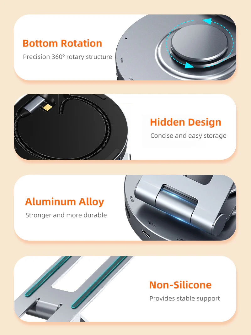 CABLETIME 8-IN-1 USB-C HUB with 360° Rotatable Pad Stand