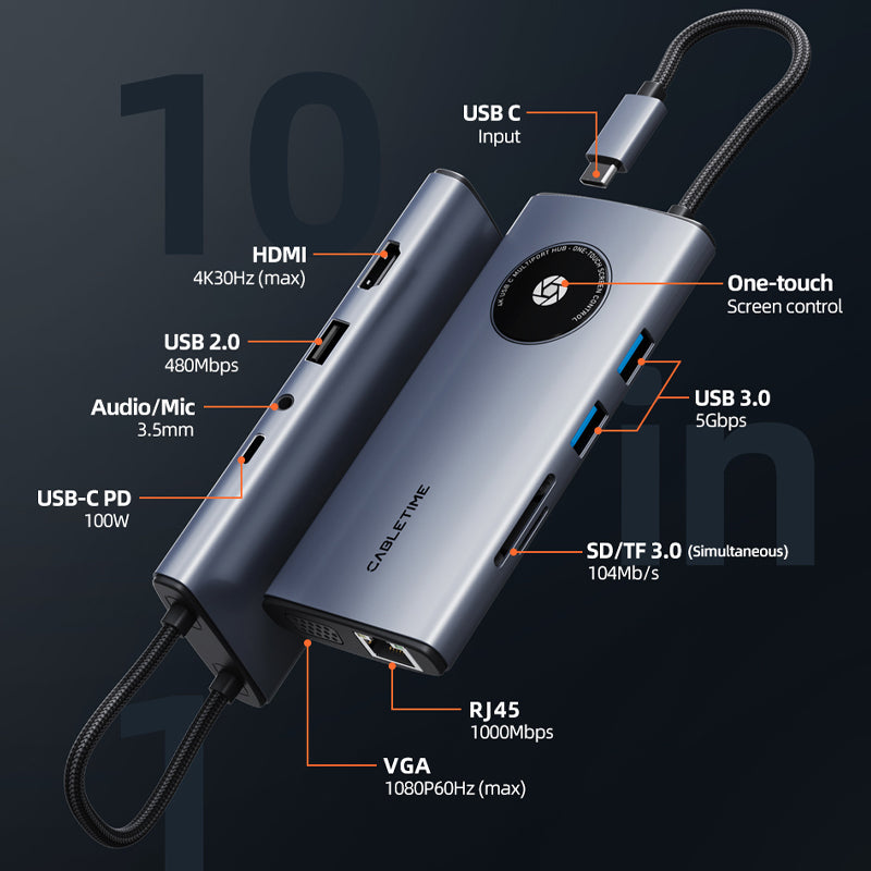 CABLETIME 10-IN-1 USB C Hub SST Lens Series