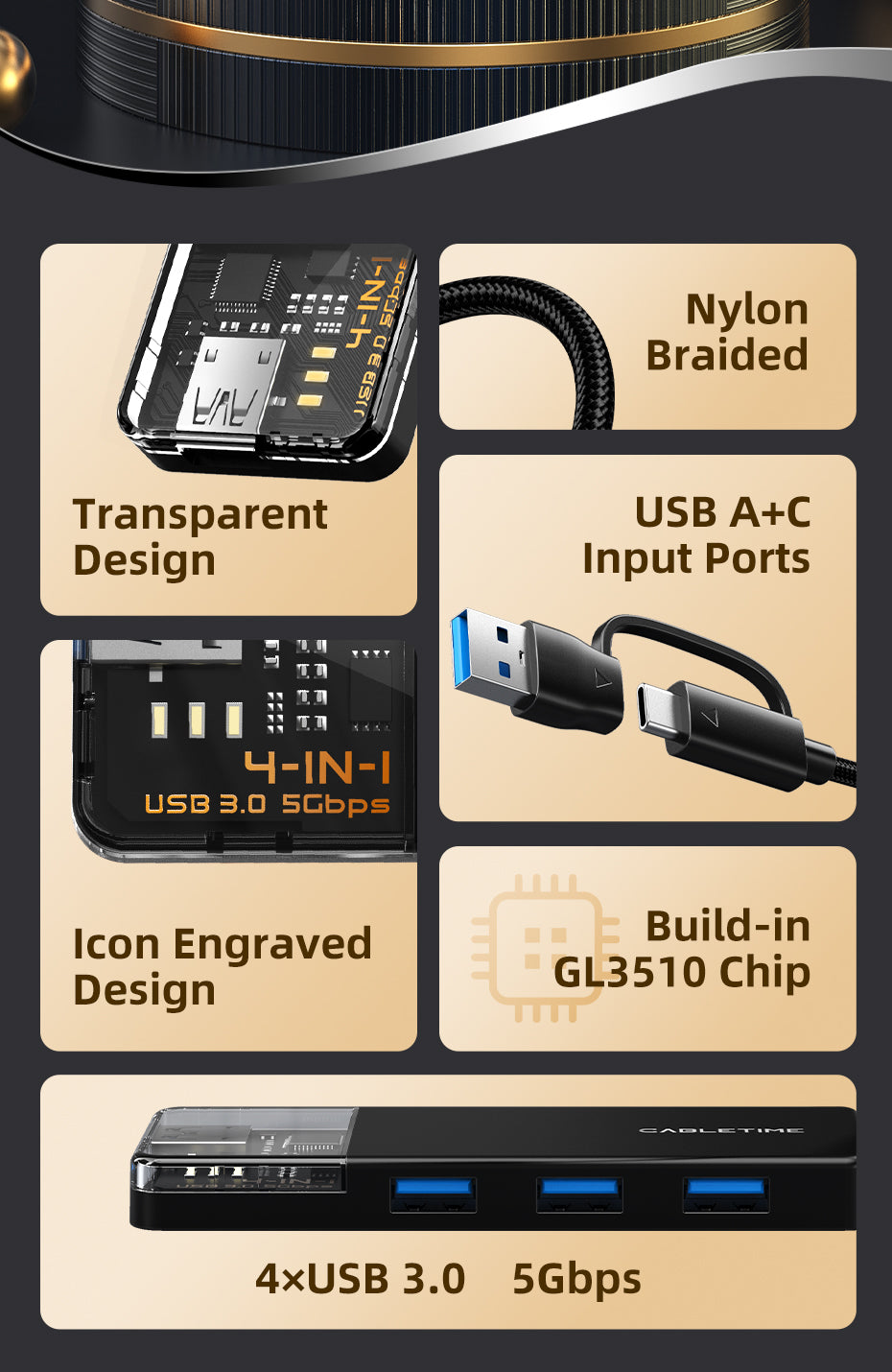 CABLETIME USB type C to 4 port USB 3.0 Hub 5Gbps