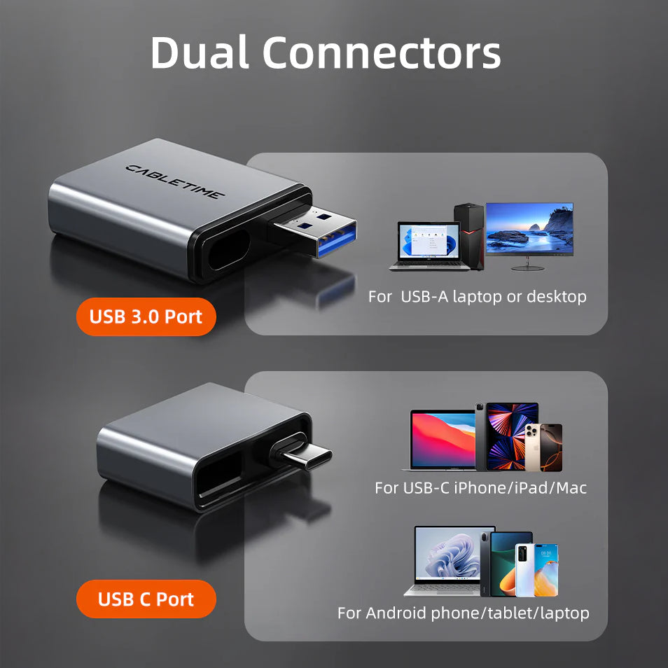 CABLETIME USB A+C to 3.0 Card Reader 3-in-1
