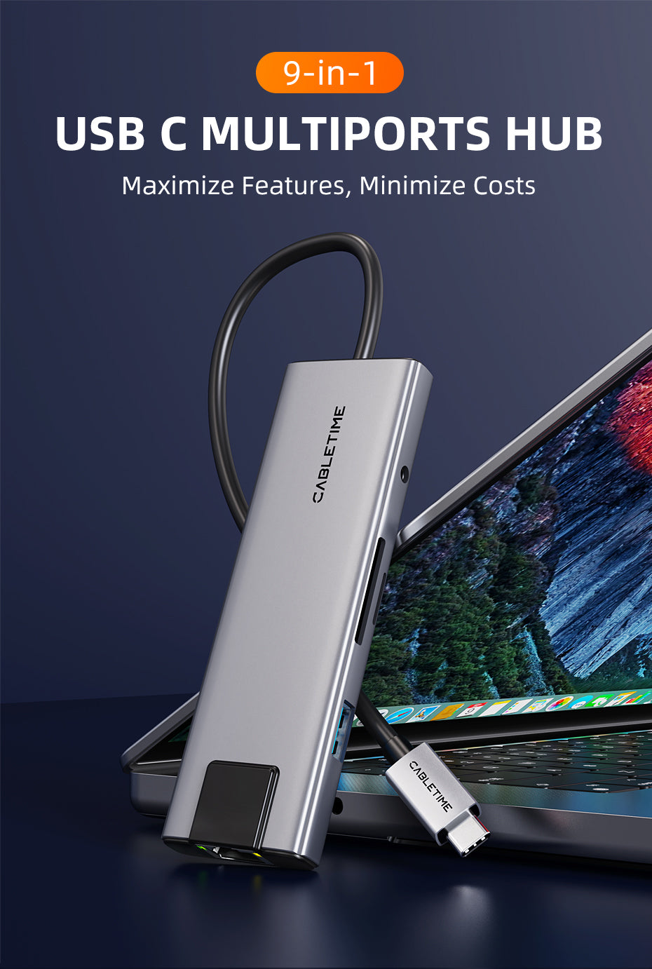 CABLETIME ECO 9-IN-1 USB C HUB 4K30Hz, 5Gbps