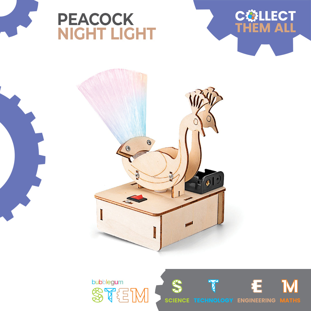 BUBBLEGUM Wood STEM Peacock Night Light