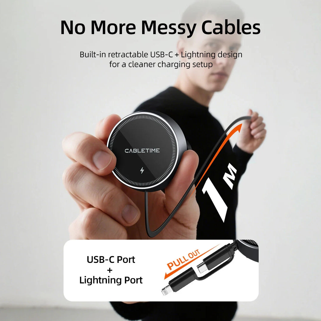 CABLETIME 2-in-1 Magnetic Wireless Car Charger with Retractable Cable