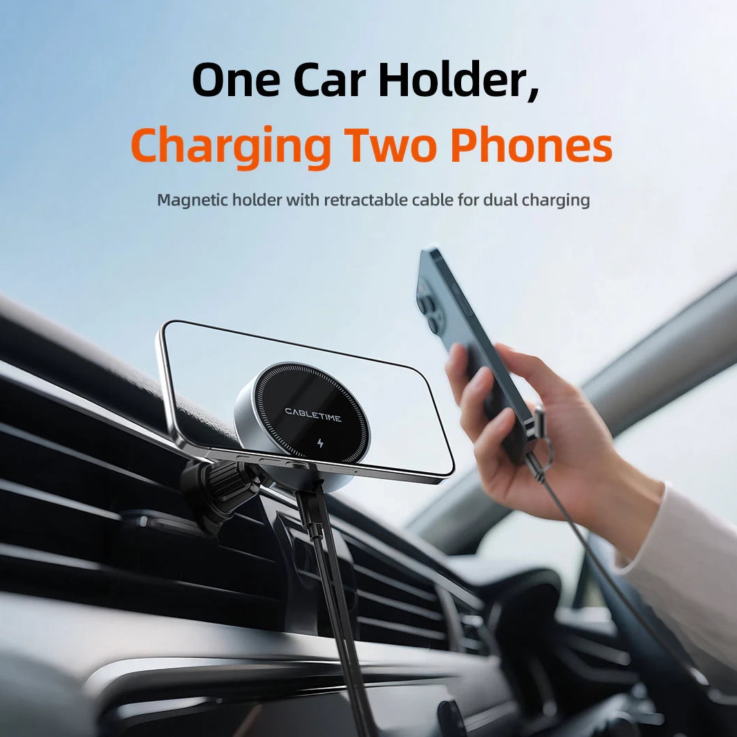 CABLETIME 2-in-1 Magnetic Wireless Car Charger with Retractable Cable