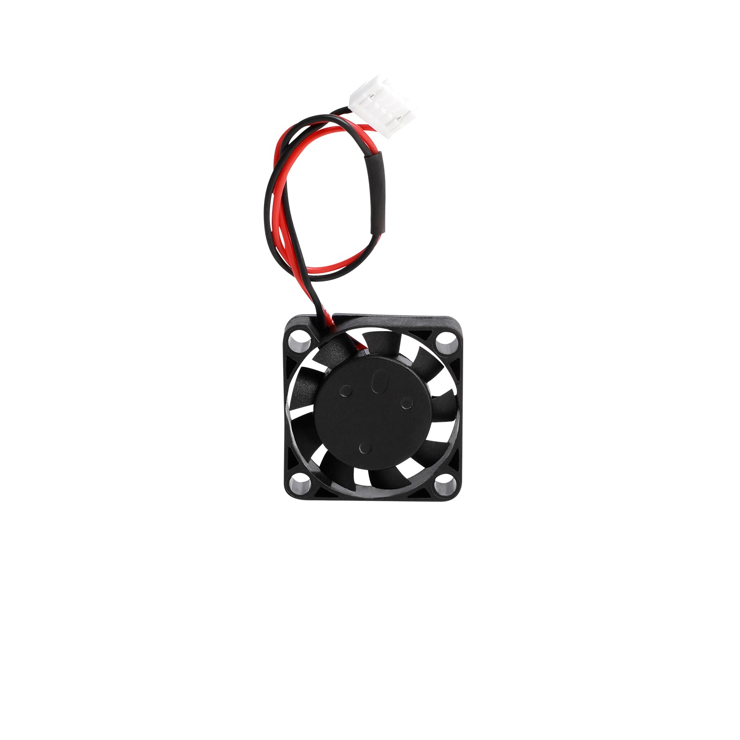Small black fan with red and black wiring on a white background