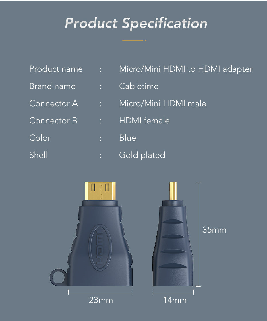 CABLETIME Micro HDMI to Standard HDMI Adapater 90 Degrees