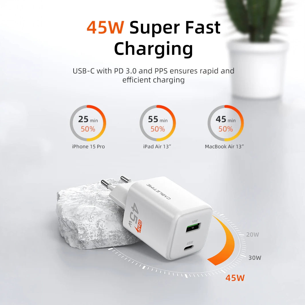 CABLETIME 45W USB C Charger Dual GaN USB C and USB A Wall Charger
