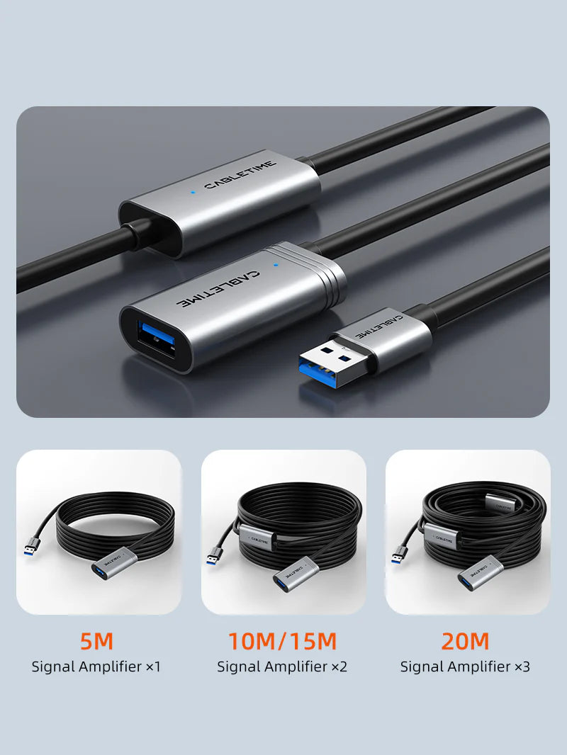 CABLETIME USB 3.0 Active Extension Cable Male to Female (5m)