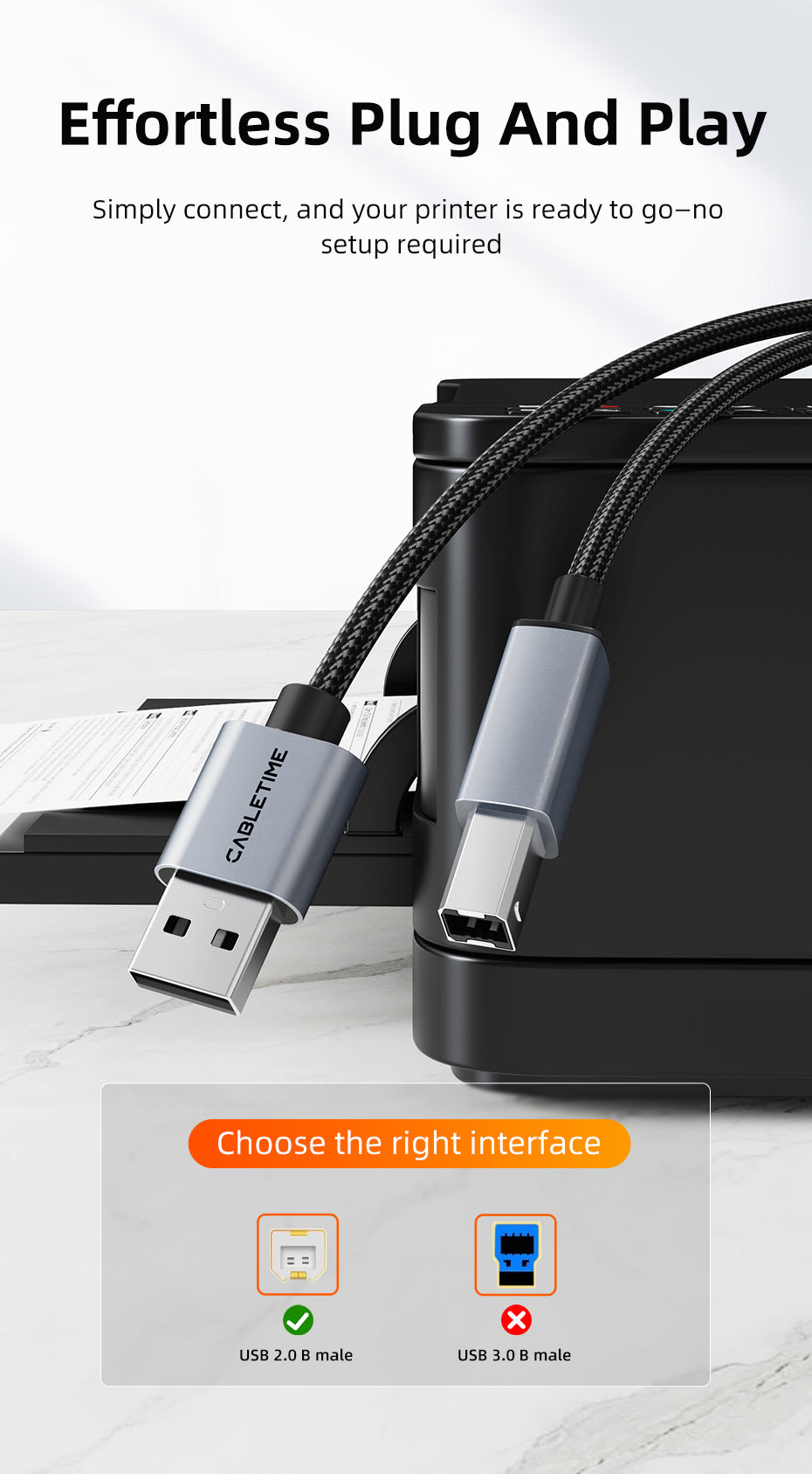 CABLETIME USB A 2.0 Printer Cable 5m