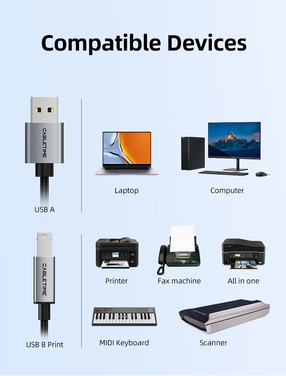 CABLETIME USB A 2.0 Printer Cable 5m