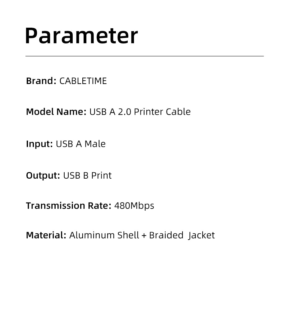 CABLETIME USB A 2.0 Printer Cable 2m