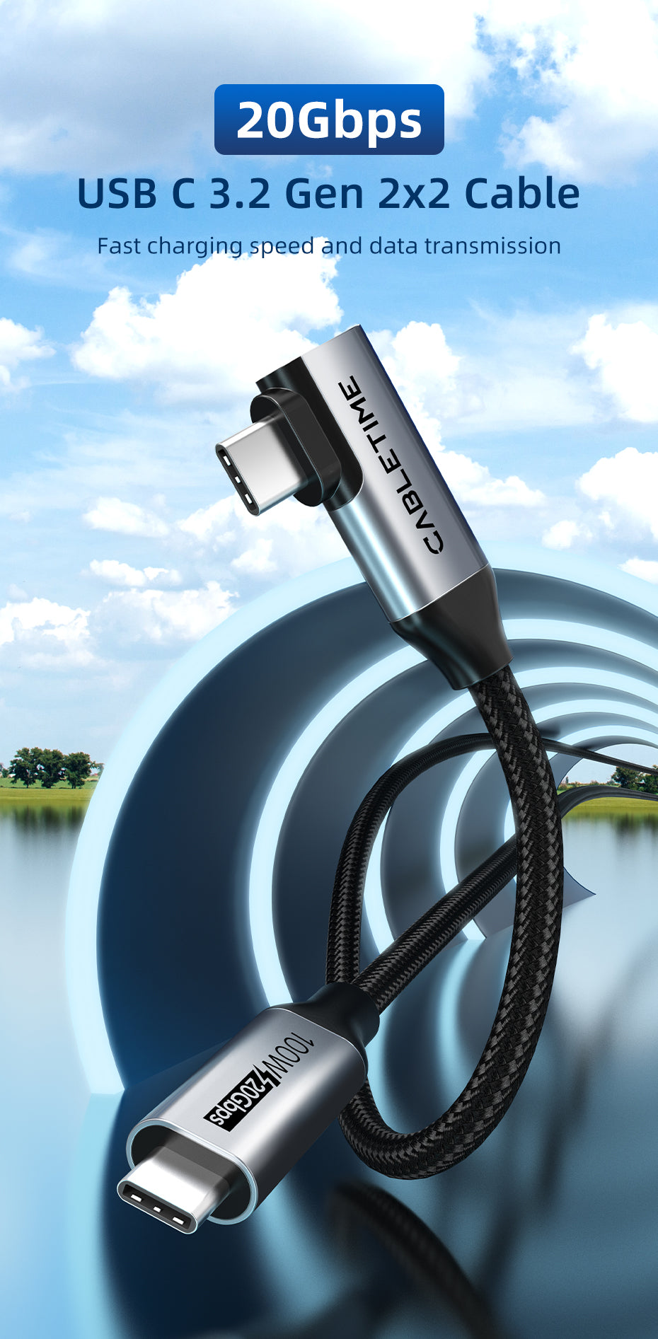 CABLETIME 90° USB C to USB C PD100W Gen2 USB3.1 (2m)