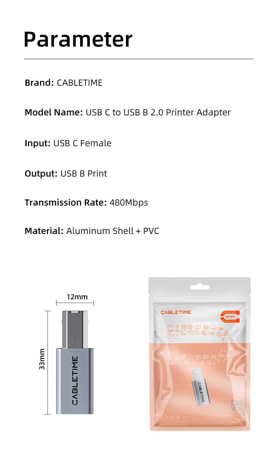 CABLETIME USB-C To Printer Adapter