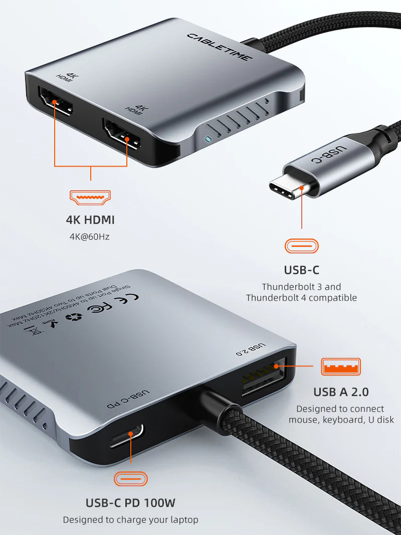 CABLETIME USB C to Dual HDMI Hub