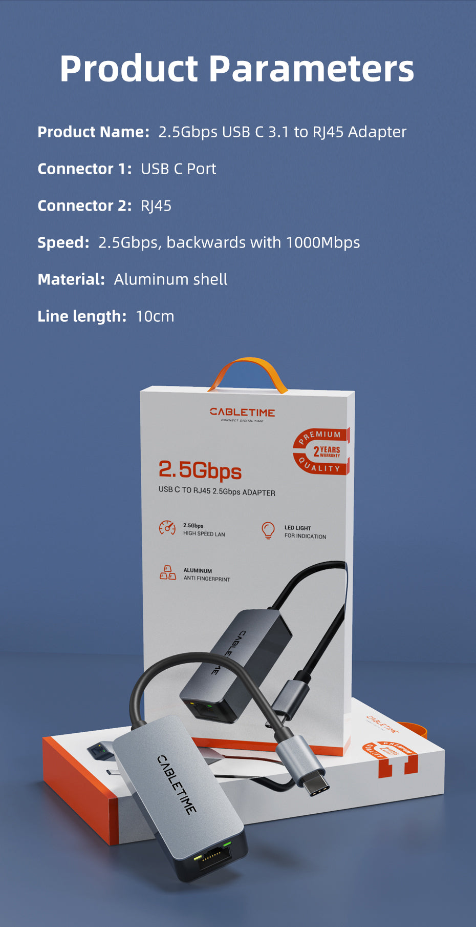 CABLETIME USB C 3.0 to RJ45 2.5Gbps Adapter