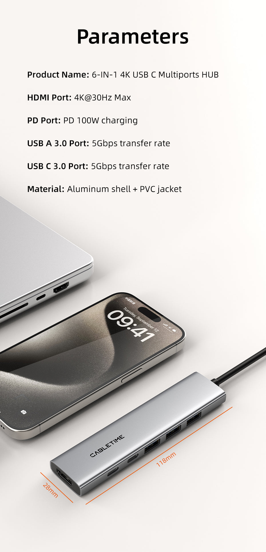 CABLETIME ECO 6-IN-1 USB C HUB 4K30Hz, 5Gbps