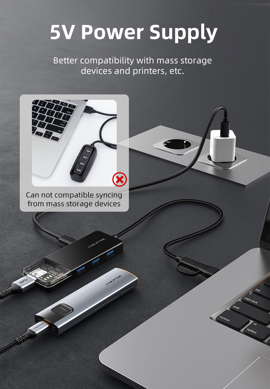 CABLETIME USB type C to 4 port USB 3.0 Hub 5Gbps