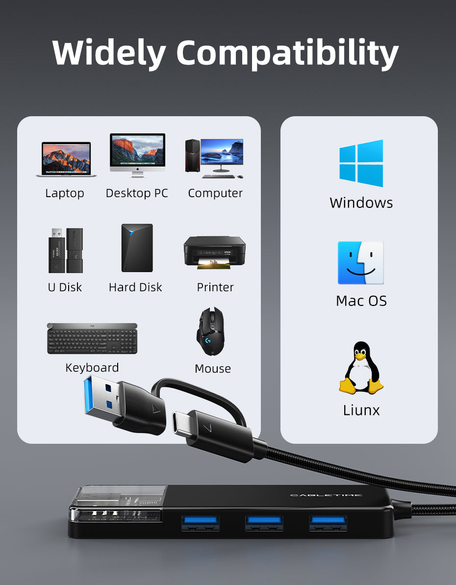 CABLETIME USB type C to 4 port USB 3.0 Hub 5Gbps
