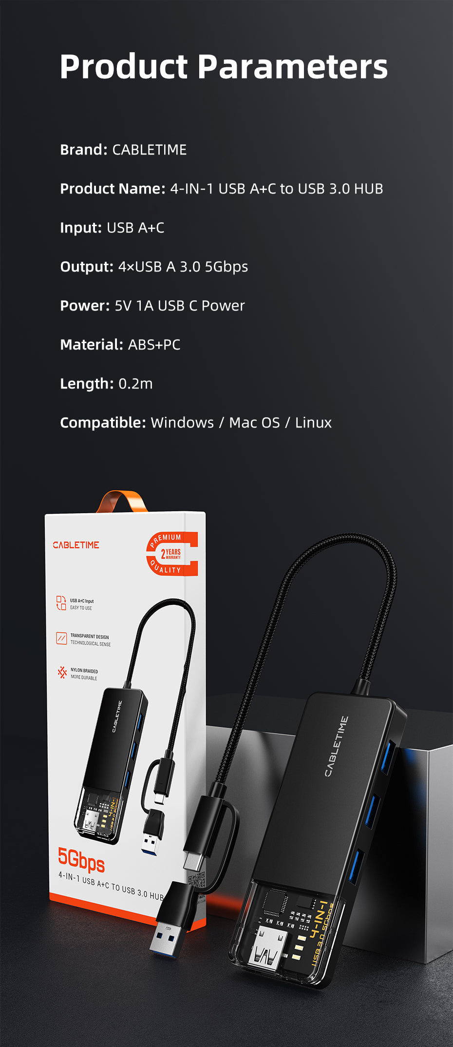 CABLETIME USB type C to 4 port USB 3.0 Hub 5Gbps