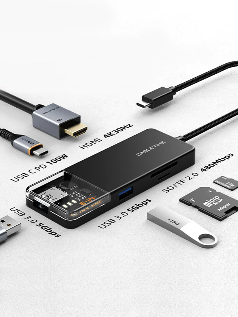 CABLETIME 6-IN-1 USB C Multiport HUB 0.2m