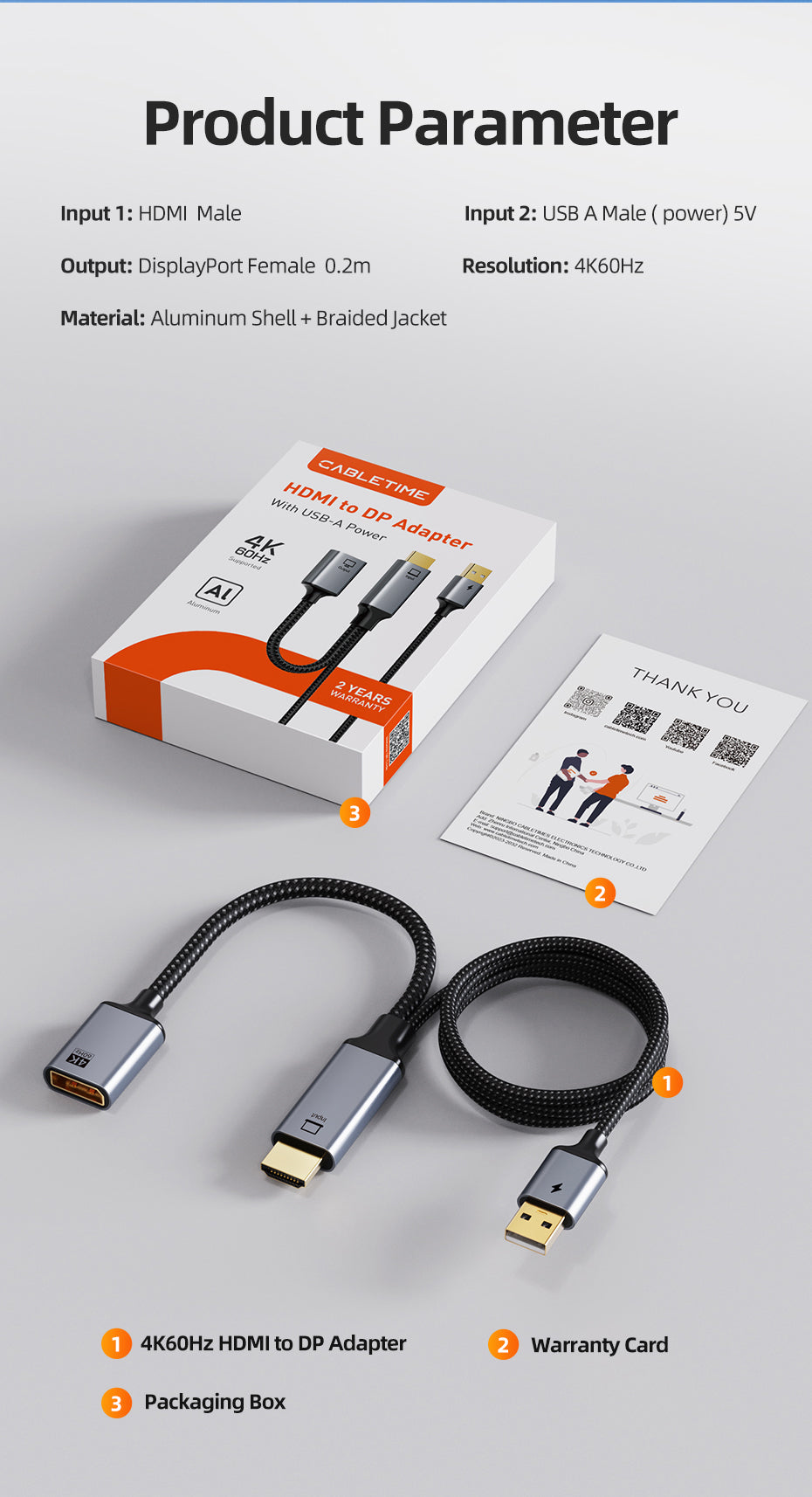 HDMI Male to DisplayPort Female Adapter 4K 60Hz With USB Power