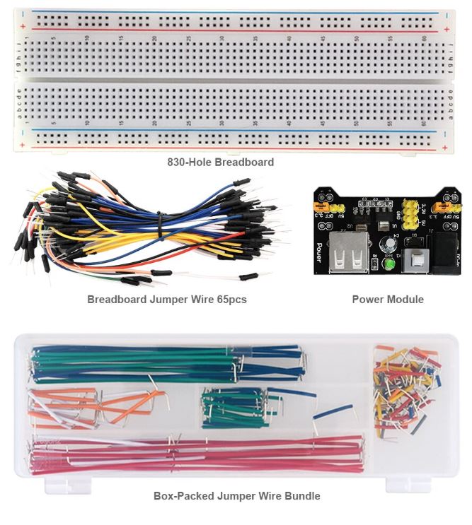 830 hole breadboard, breadboard power module, 65 DuPont Wires and 140 Boxed Wires