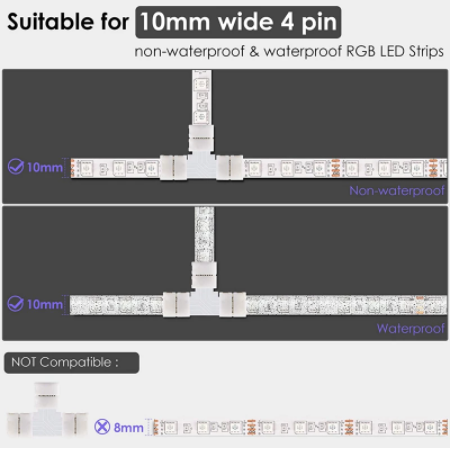 T Shape 4-Pin LED Connectors 10-Pack 10mm Wide Connectors Terminal Extension