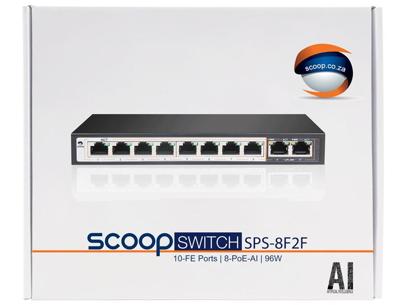 SCOOP 10 Port Fast Ethernet Switch (8 AI PoE Ports & 2 FE Uplink)