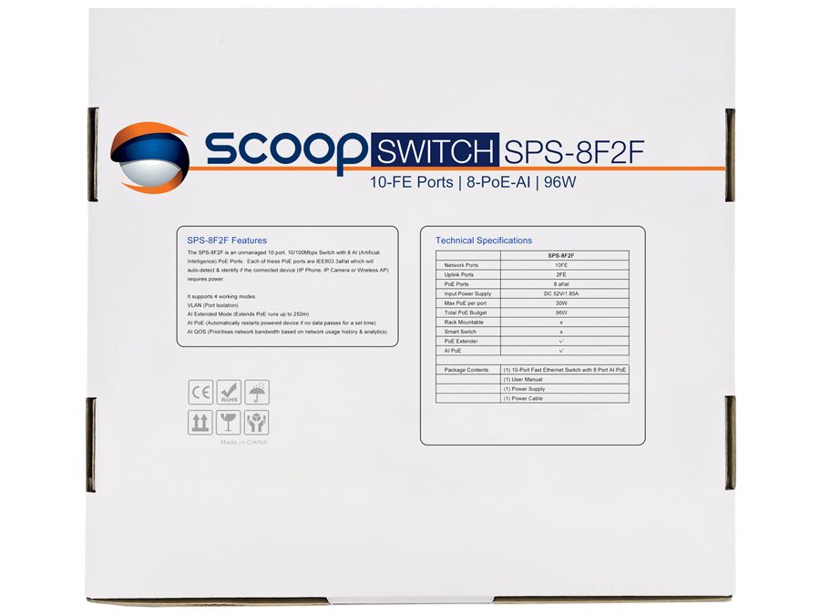 10 Port Fast Ethernet Switch (8 AI PoE Ports & 2 FE Uplink)