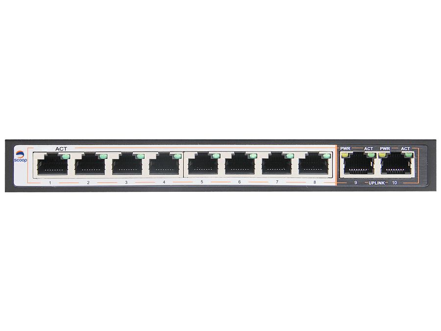 SCOOP 10 Port Fast Ethernet Switch with 8 AI PoE Ports and 2 FE Uplink